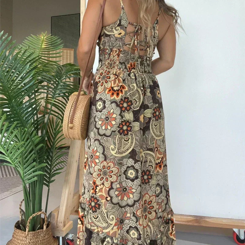 💕Ženska seksi dolga obleka na naramnice s cvetličnim potiskom