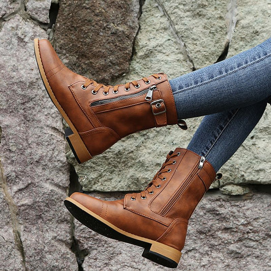 Damskie skórzane buty ortopedyczne z okrągłym noskiem i bocznym zamkiem błyskawicznym👢