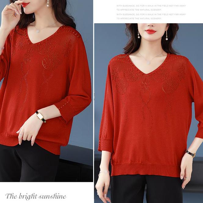 💖Damski sweter w stylu vintage z koralikami i dekoltem w serek