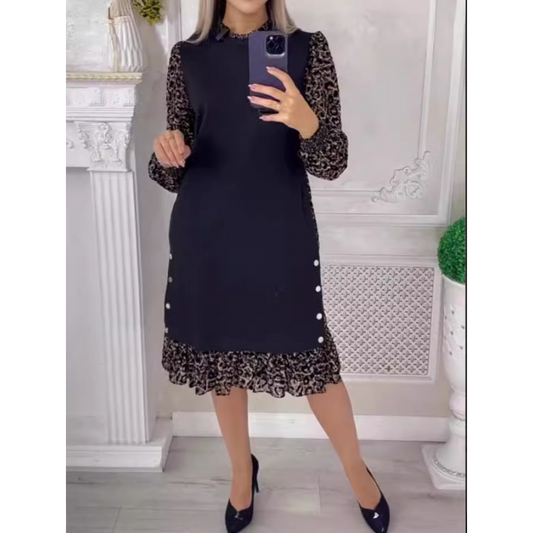 👗【S-3XL】Дамска пачуърк рокля с леопардов принт и дълъг ръкав за есента и зимата