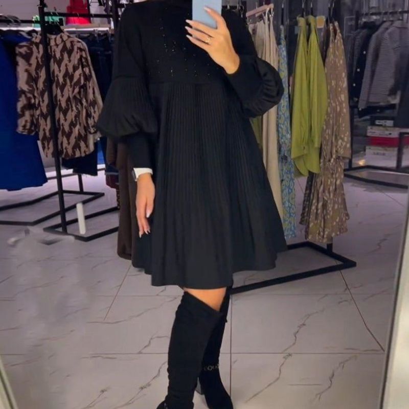 Damskie sukienki plus size z rozszerzanymi rękawami i stójką