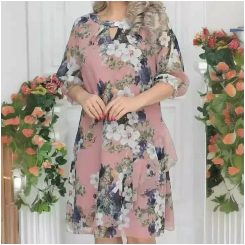 💝Damska sukienka do kolan z nadrukiem kwiatowym