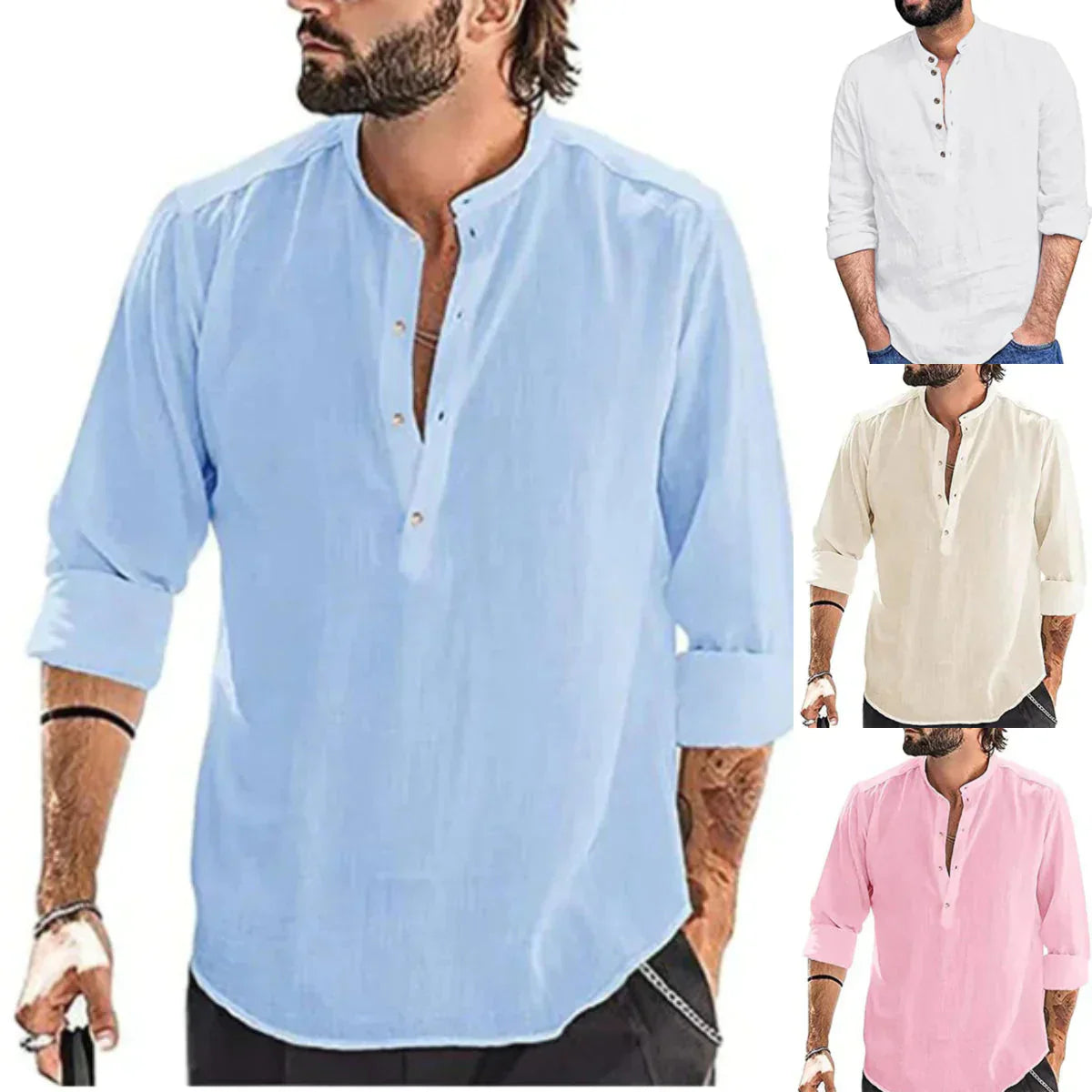 Camisa informal de manga larga de algodón y lino para hombre 2025-ES