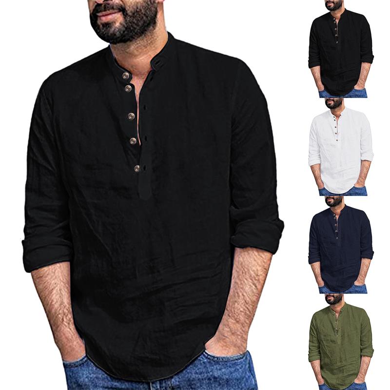 Camisa informal de manga larga de algodón y lino para hombre 2025-ES
