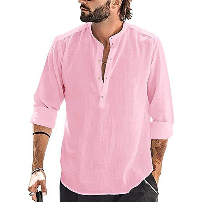 Camisa informal de manga larga de algodón y lino para hombre 2025-ES