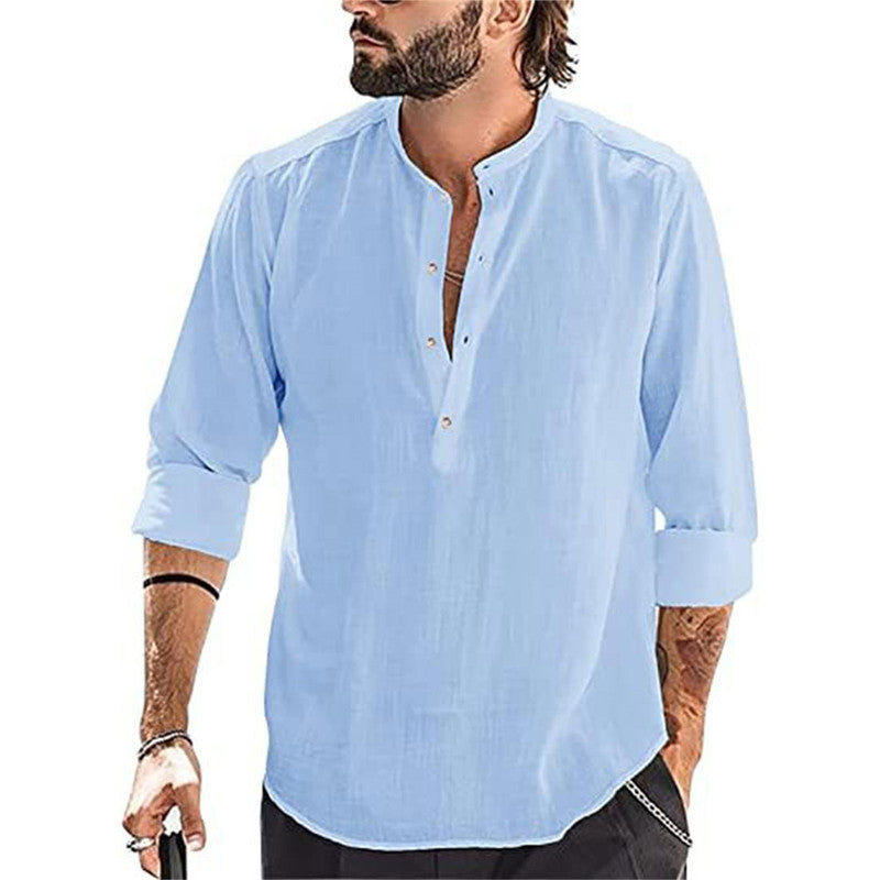 Camisa informal de manga larga de algodón y lino para hombre 2025-ES
