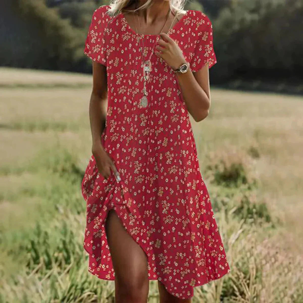 🌸Elegantne roheline lühikeste varrukatega midi kleit täppidega-EE