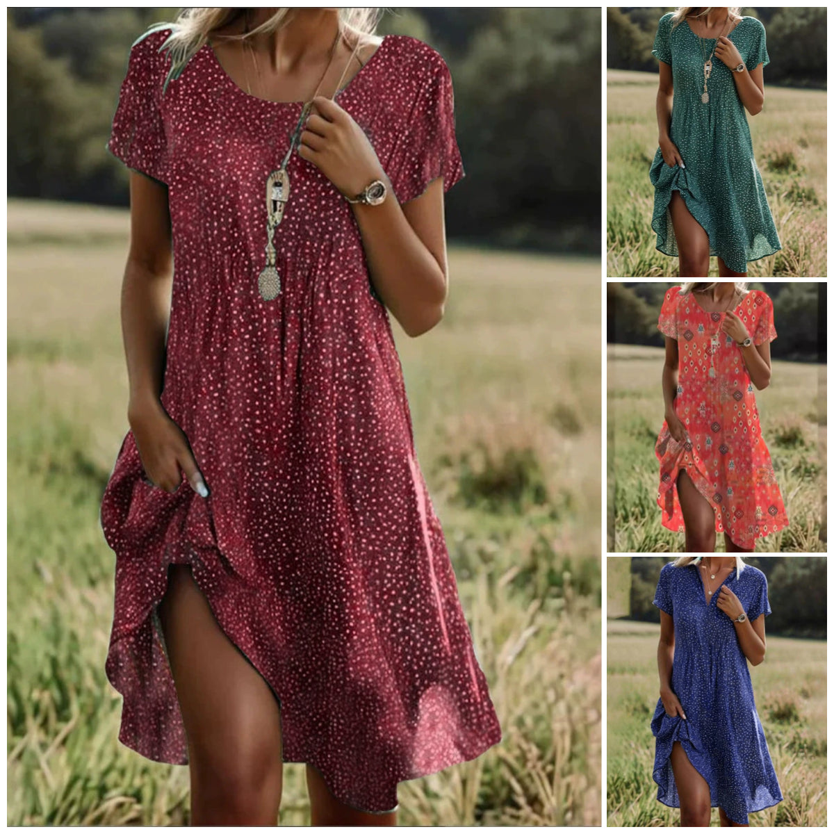 🌸Elegantne roheline lühikeste varrukatega midi kleit täppidega-EE