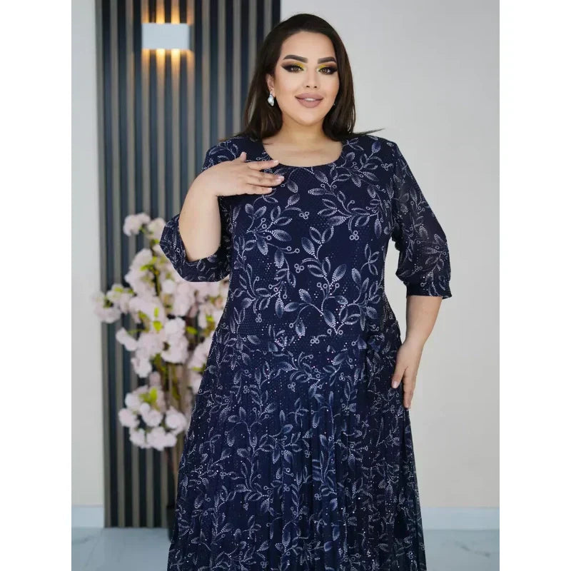 Vestido largo estampado con cuello redondo y mangas 3/4-ES