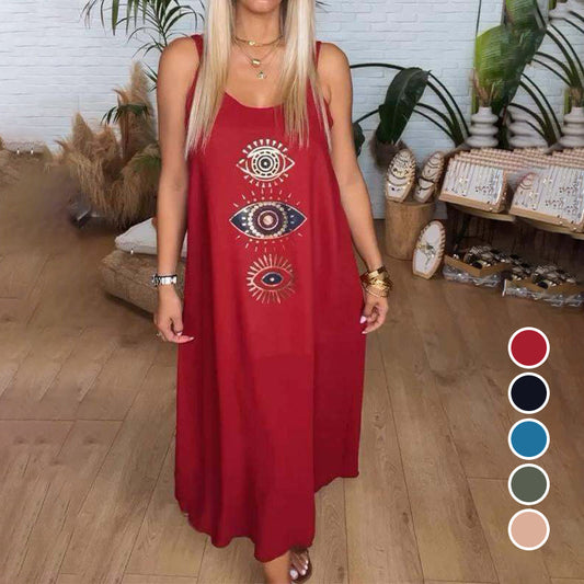 🔥Damska długa sukienka bez rękawów z wzorem w oczy👗