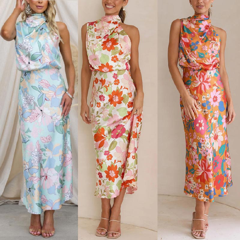 Vestido largo de satén brillante con estampado floral, cuello con lazo, cintura elástica-ES