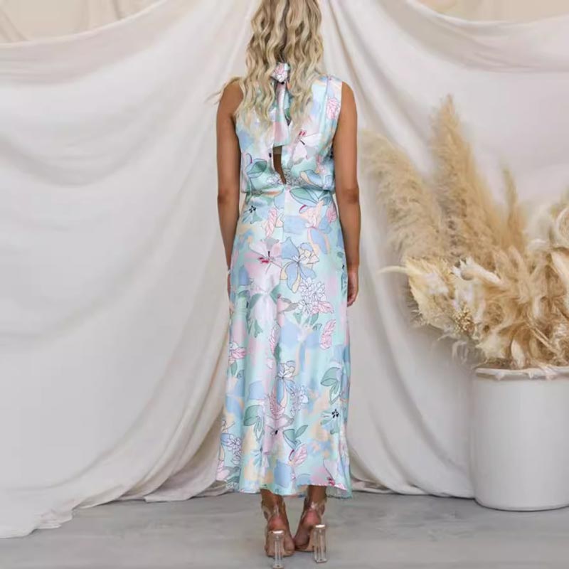 Vestido largo de satén brillante con estampado floral, cuello con lazo, cintura elástica-ES
