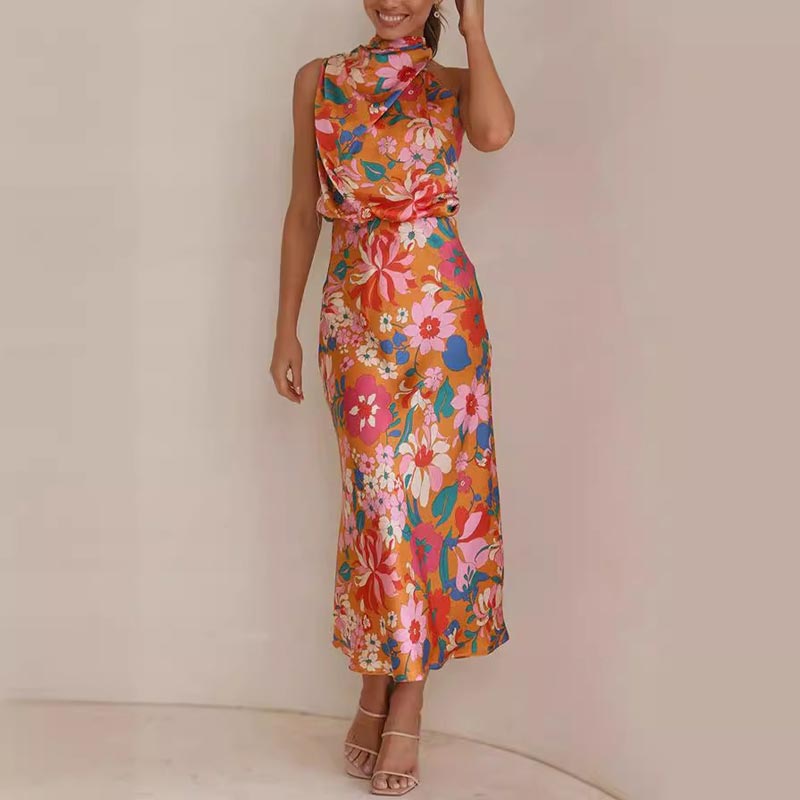 Vestido largo de satén brillante con estampado floral, cuello con lazo, cintura elástica-ES