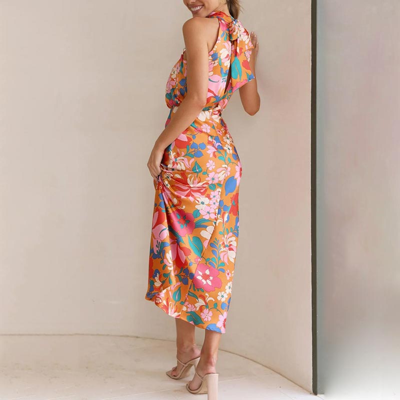 Vestido largo de satén brillante con estampado floral, cuello con lazo, cintura elástica-ES