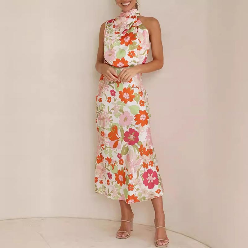 Vestido largo de satén brillante con estampado floral, cuello con lazo, cintura elástica-ES