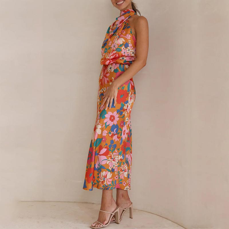 Vestido largo de satén brillante con estampado floral, cuello con lazo, cintura elástica-ES