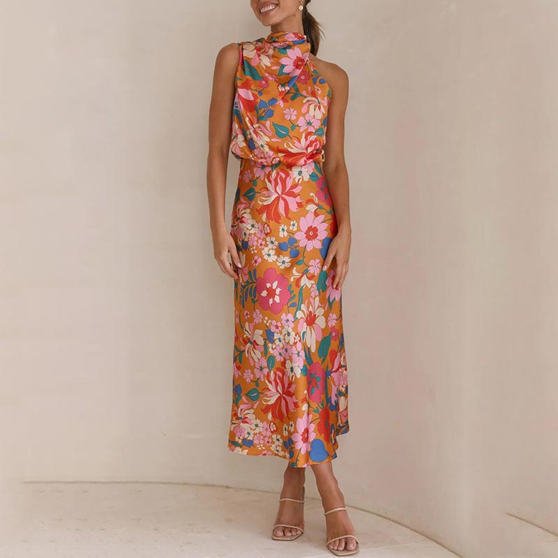 Vestido largo de satén brillante con estampado floral, cuello con lazo, cintura elástica-ES