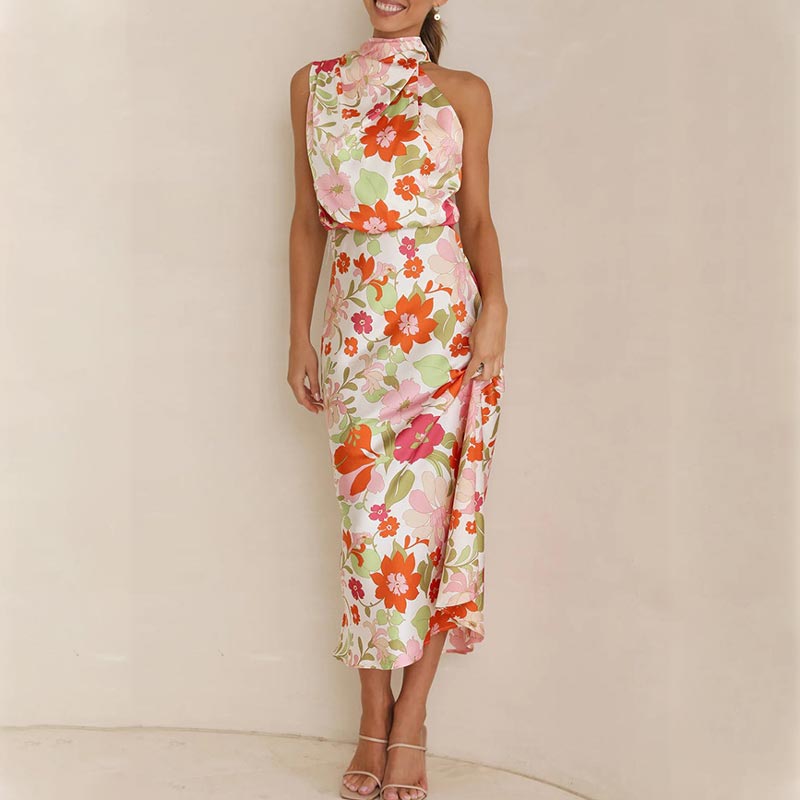 Vestido largo de satén brillante con estampado floral, cuello con lazo, cintura elástica-ES