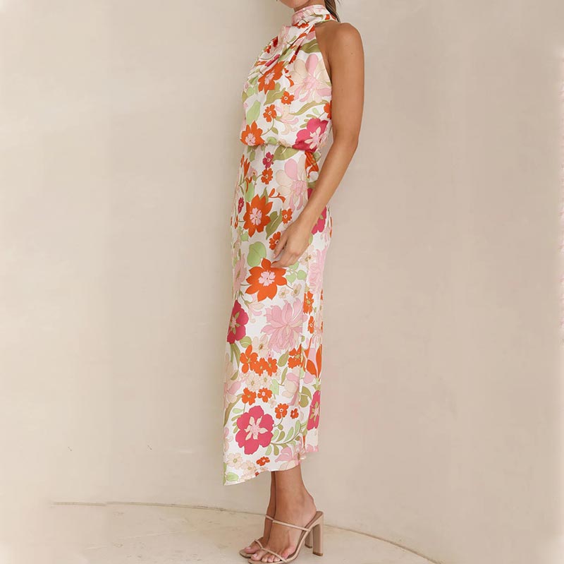 Vestido largo de satén brillante con estampado floral, cuello con lazo, cintura elástica-ES