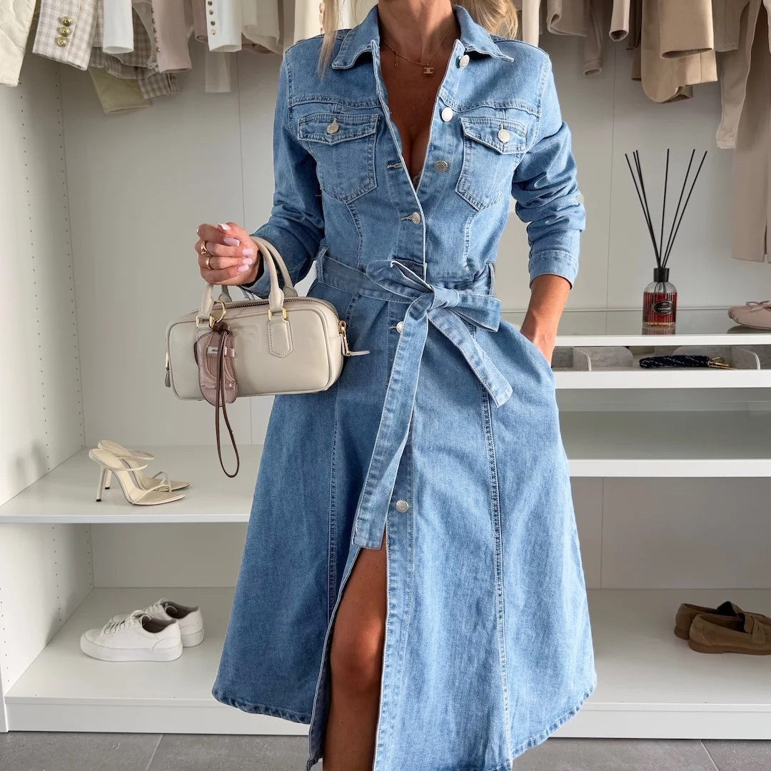 ✨Damska sukienka jeansowa z długimi rękawami i guzikami👗