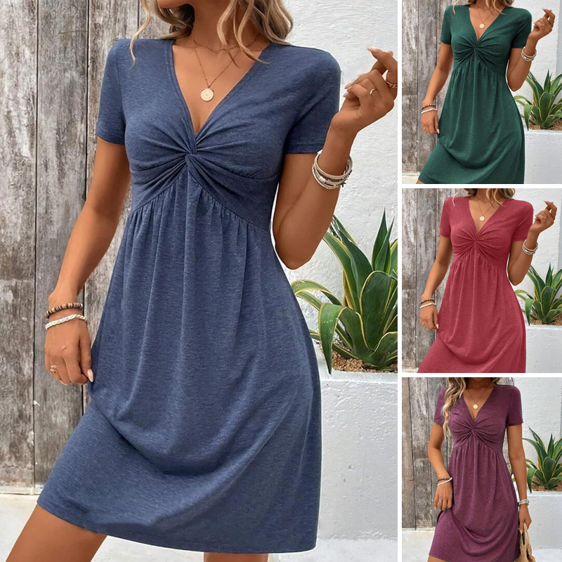 【S-2XL】👗Moteriška trumpų rankovių suknelė su V formos iškirpte-LT