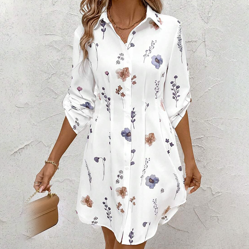 【S-XL】🌸Elegantna srajčna obleka A-kroja z dolgimi rokavi in cvetličnim potiskom-SI