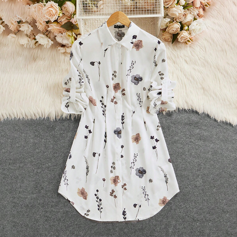 【S-XL】🌸Elegantna srajčna obleka A-kroja z dolgimi rokavi in cvetličnim potiskom-SI