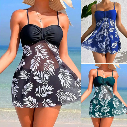 🌴👙Γυναικείο μαγιό δύο τεμαχίων με στάμπα και σορτς με τιράντες-GR