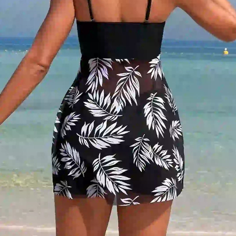 🌴👙Γυναικείο μαγιό δύο τεμαχίων με στάμπα και σορτς με τιράντες-GR