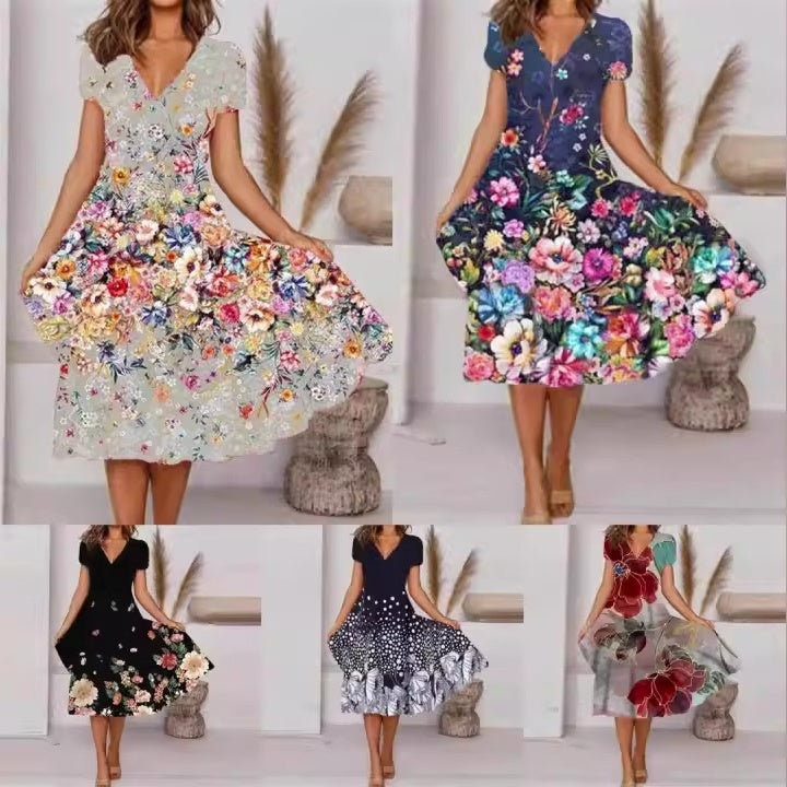 【S-4XL】🌺Γυναικείο φόρεμα με στάμπα και λαιμόκοψη V-GR