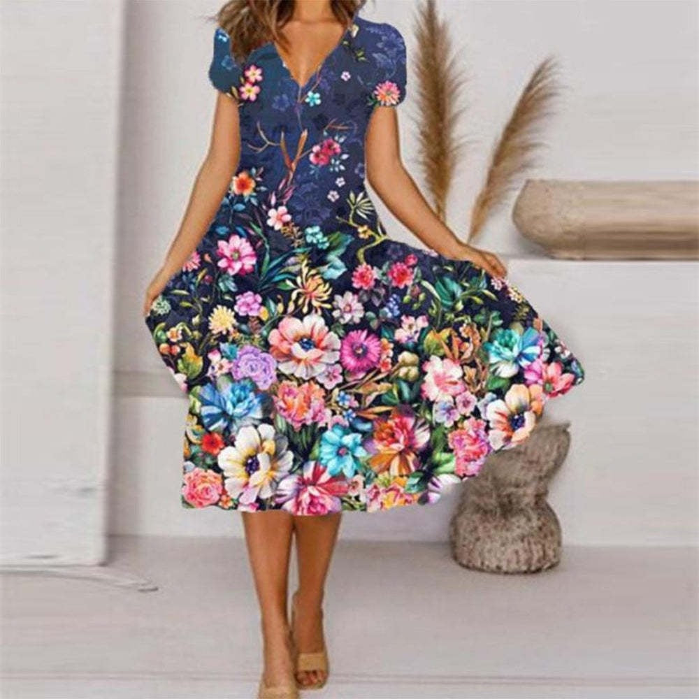 【S-4XL】🌺Damska luźna sukienka z nadrukiem i dekoltem w serek