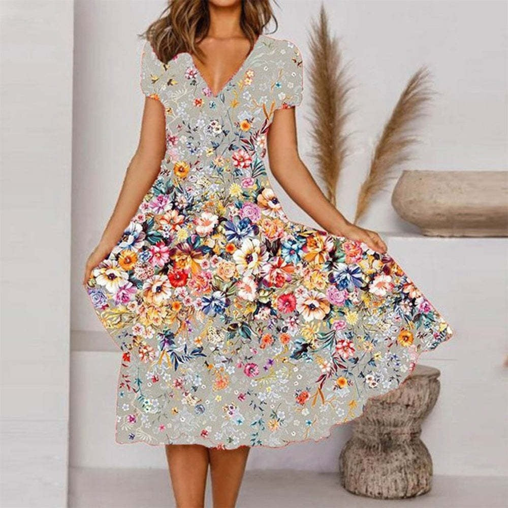 【S-4XL】🌺Γυναικείο φόρεμα με στάμπα και λαιμόκοψη V-GR