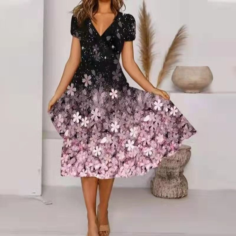 【S-4XL】🌺Γυναικείο φόρεμα με στάμπα και λαιμόκοψη V-GR