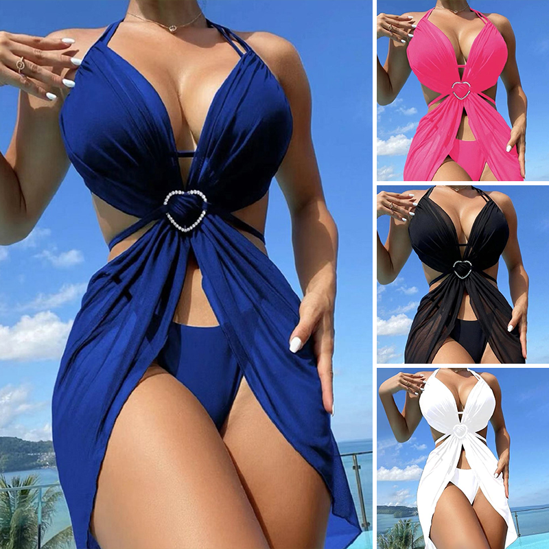 ✨Κολιέ με σταυρό και στέμμα👑👙Σετ 3 τεμαχίων μονόχρωμο μπικίνι χωρίς τιράντες-GR