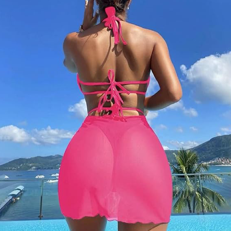 ✨Κολιέ με σταυρό και στέμμα👑👙Σετ 3 τεμαχίων μονόχρωμο μπικίνι χωρίς τιράντες-GR