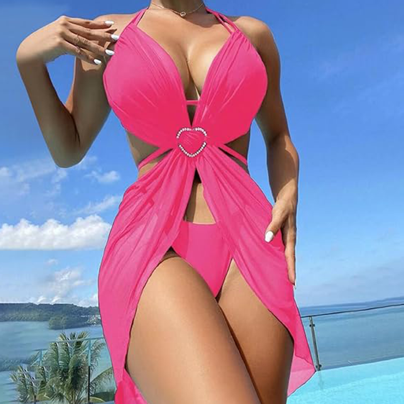 ✨Κολιέ με σταυρό και στέμμα👑👙Σετ 3 τεμαχίων μονόχρωμο μπικίνι χωρίς τιράντες-GR