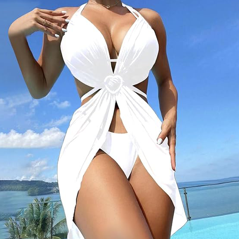 ✨Κολιέ με σταυρό και στέμμα👑👙Σετ 3 τεμαχίων μονόχρωμο μπικίνι χωρίς τιράντες-GR