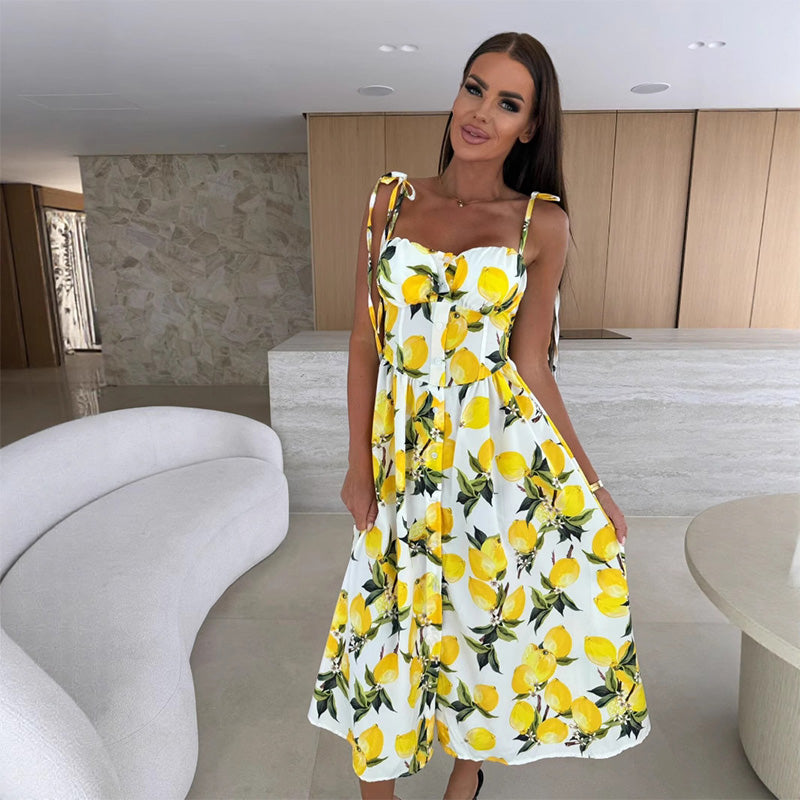 👗Elegante vestido de mujer con tirantes finos y estampado floral.-ES
