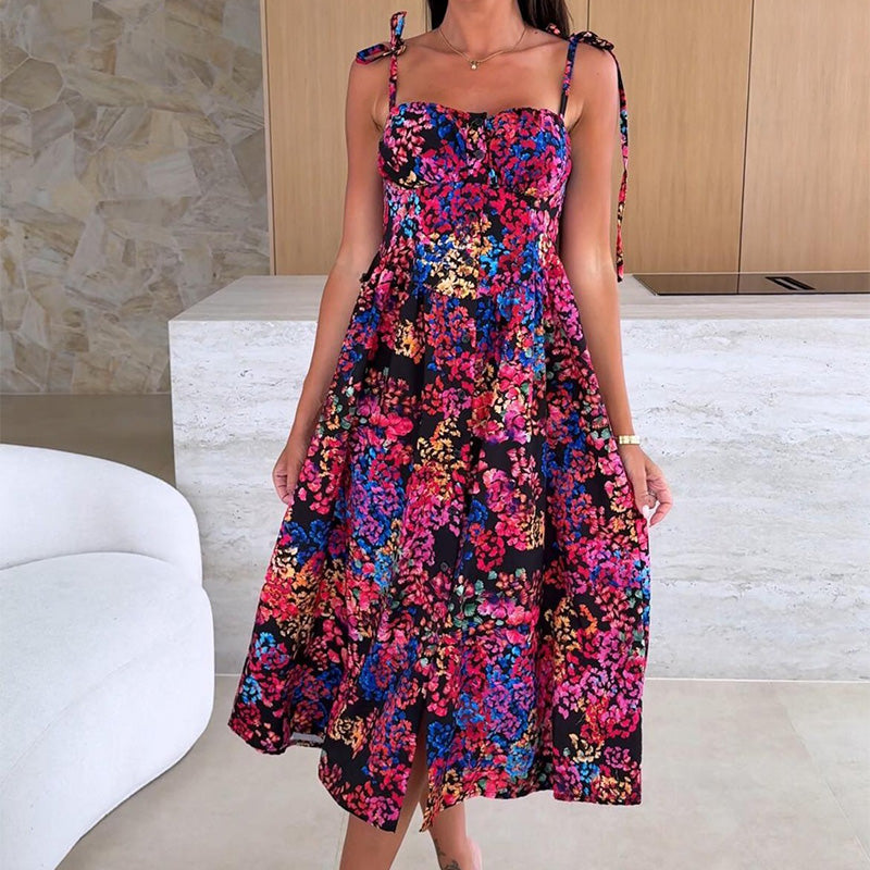 👗Elegante vestido de mujer con tirantes finos y estampado floral.-ES