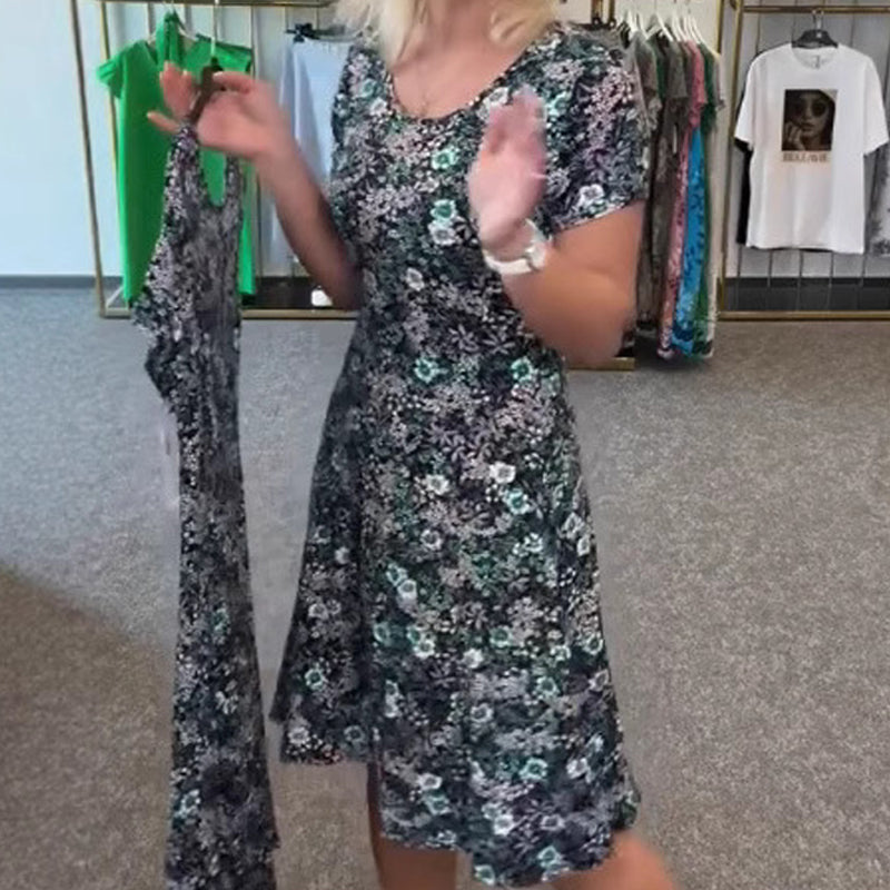 Ženska ležerna obleka s cvetličnim potiskom okoli vratu-SI