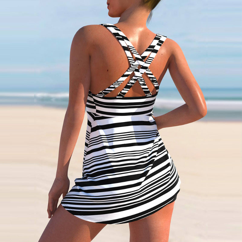 👙✨ Naujas 2026 metų modelis: dryžuotas, iki juosmens siekiantis maudymosi kostiumėlio komplektas 🏖️-LT