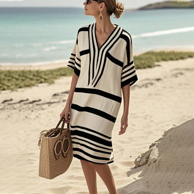 【S-3XL】👗Γυναικείο φόρεμα με ριγέ λαιμόκοψη V-GR