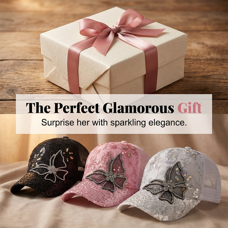 📦 Наложен платеж – Бейзболна шапка с пайети „Пеперуда от кристали“ | Блестящи двустранни пайети, дизайн с блестяща пеперуда 🧢✨